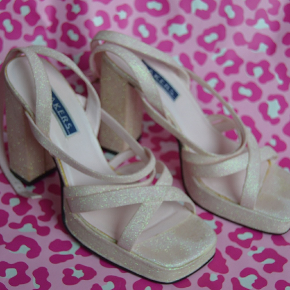 Bakers glitter pink strap chunky heel